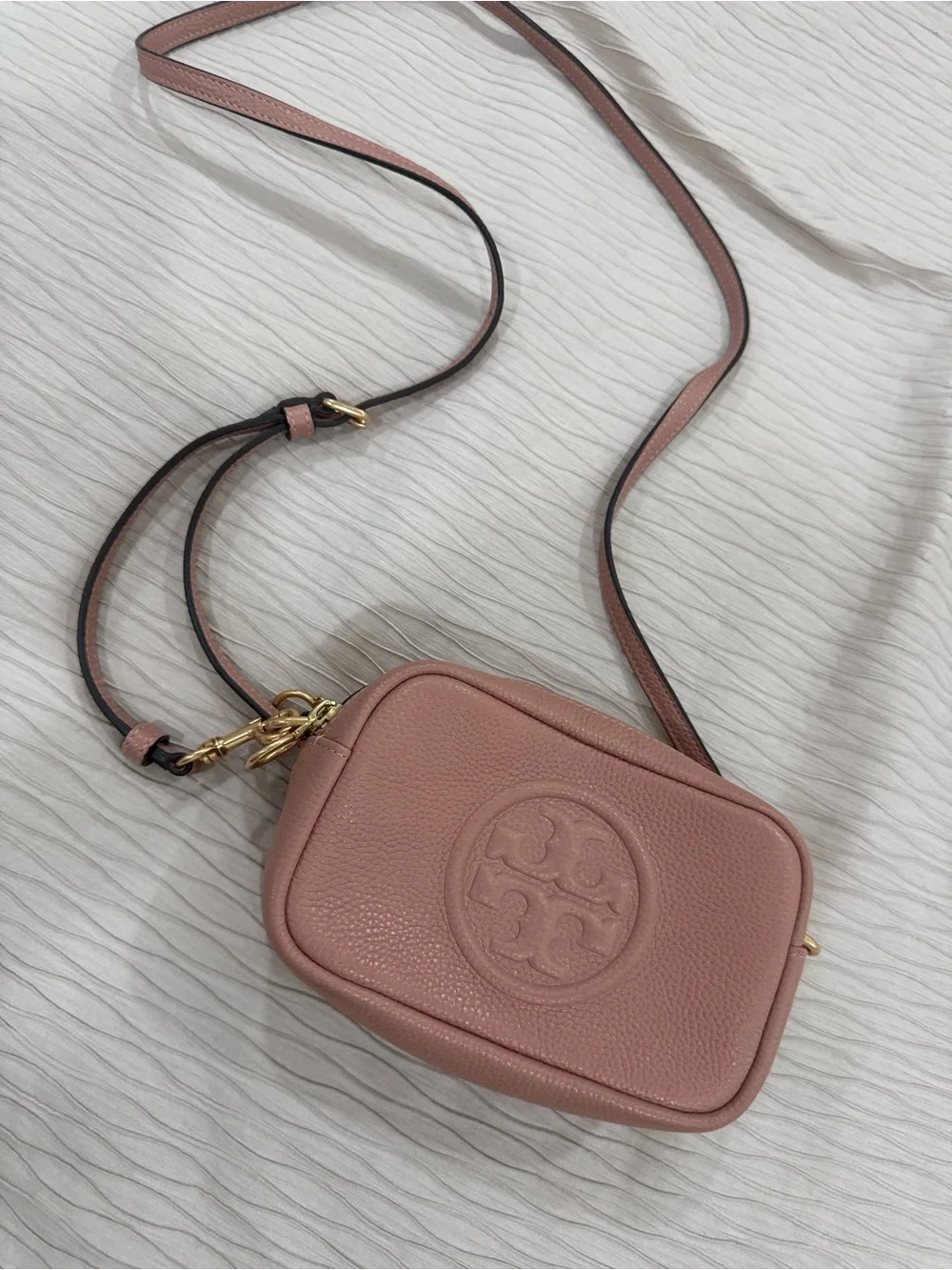 Tory Burch Blush Pink Pebbled Leather Crossbody Camera Bag